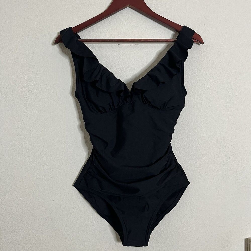 DKNY Small Ruffle Plunge Underwire Tummy Control Swimwear One-Piece Swimsuit